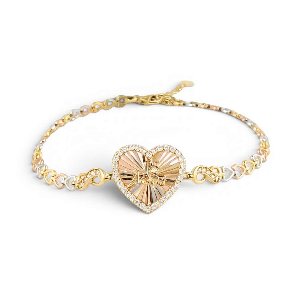 14k Yellow Gold Quinceanera Heart Bracelet 1 Elegant heart-shaped bracelet with gems