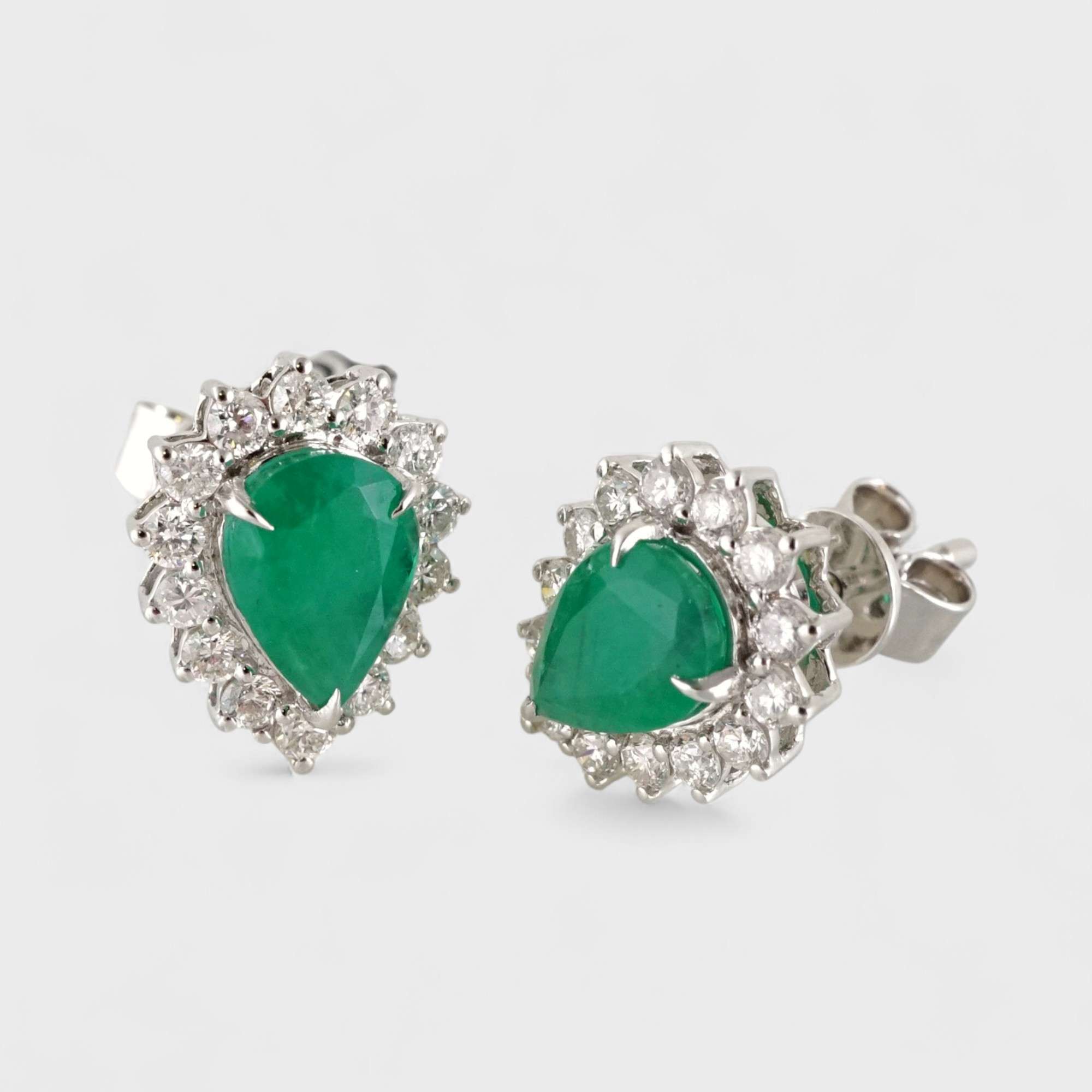 14k White Gold Diamond Green Stone Almond Studs 1 14k White Gold Diamond Green Stone Almond Studs
