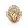 Gold ring with colorful gemstones.