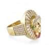 Gold ring with colorful gemstones.