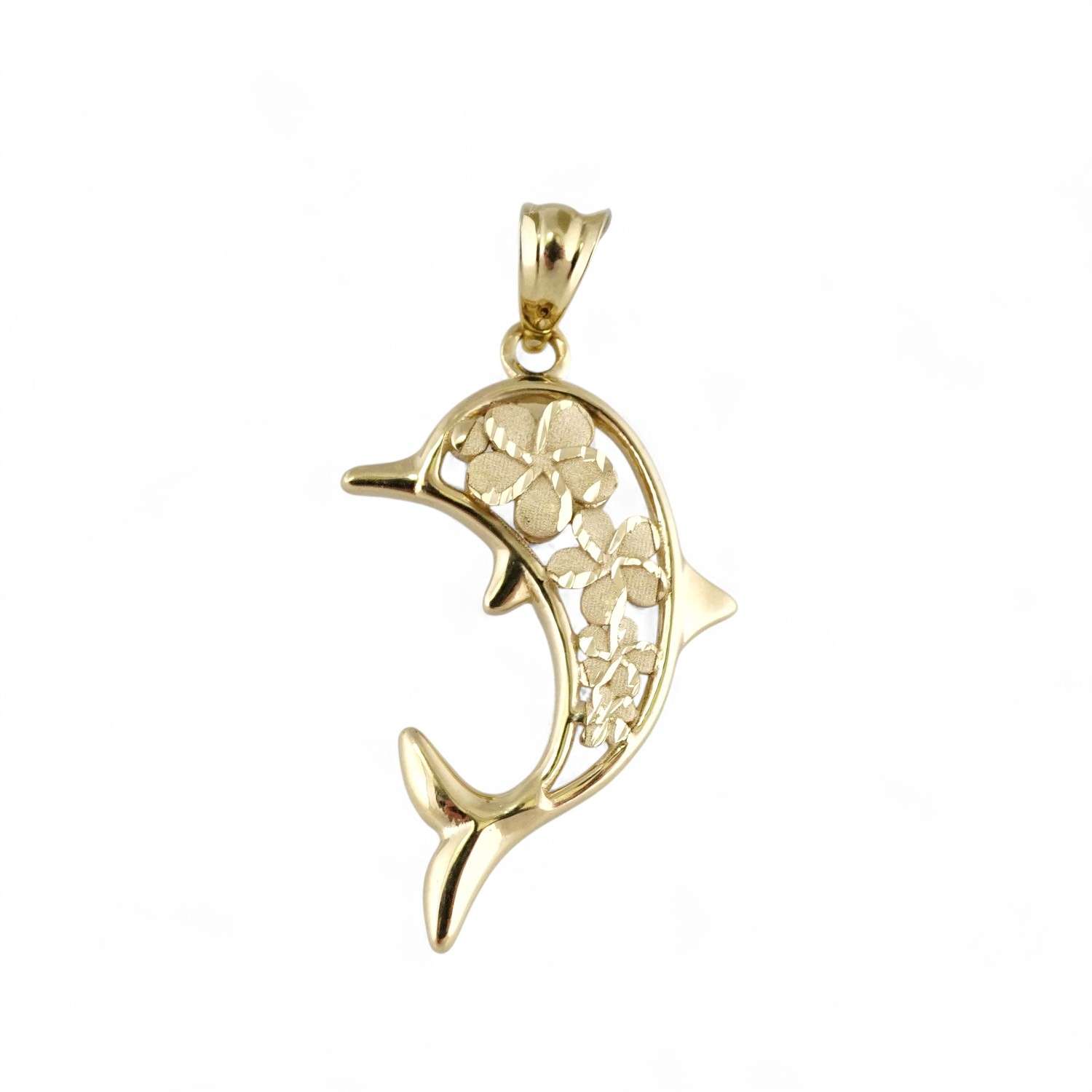14k Yellow Gold Dolphin Charm Pendant 1 Gold dolphin pendant with floral design