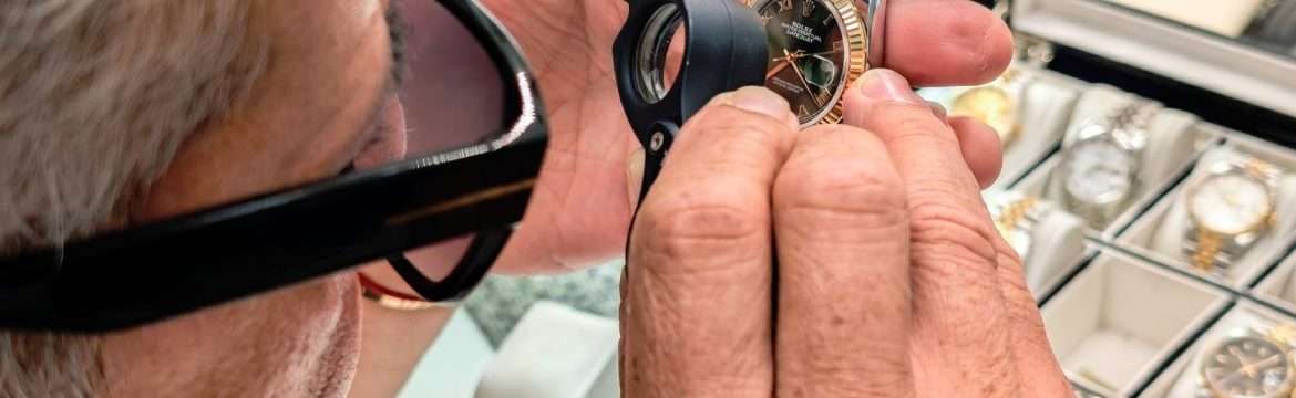 Cómo Identificar un Rolex Original y Evitar Falsificaciones 2 Relojero experto de Luxury Grimal inspeccionando el calibre y el movimiento mecánico de un reloj de lujo para verificar su autenticidad